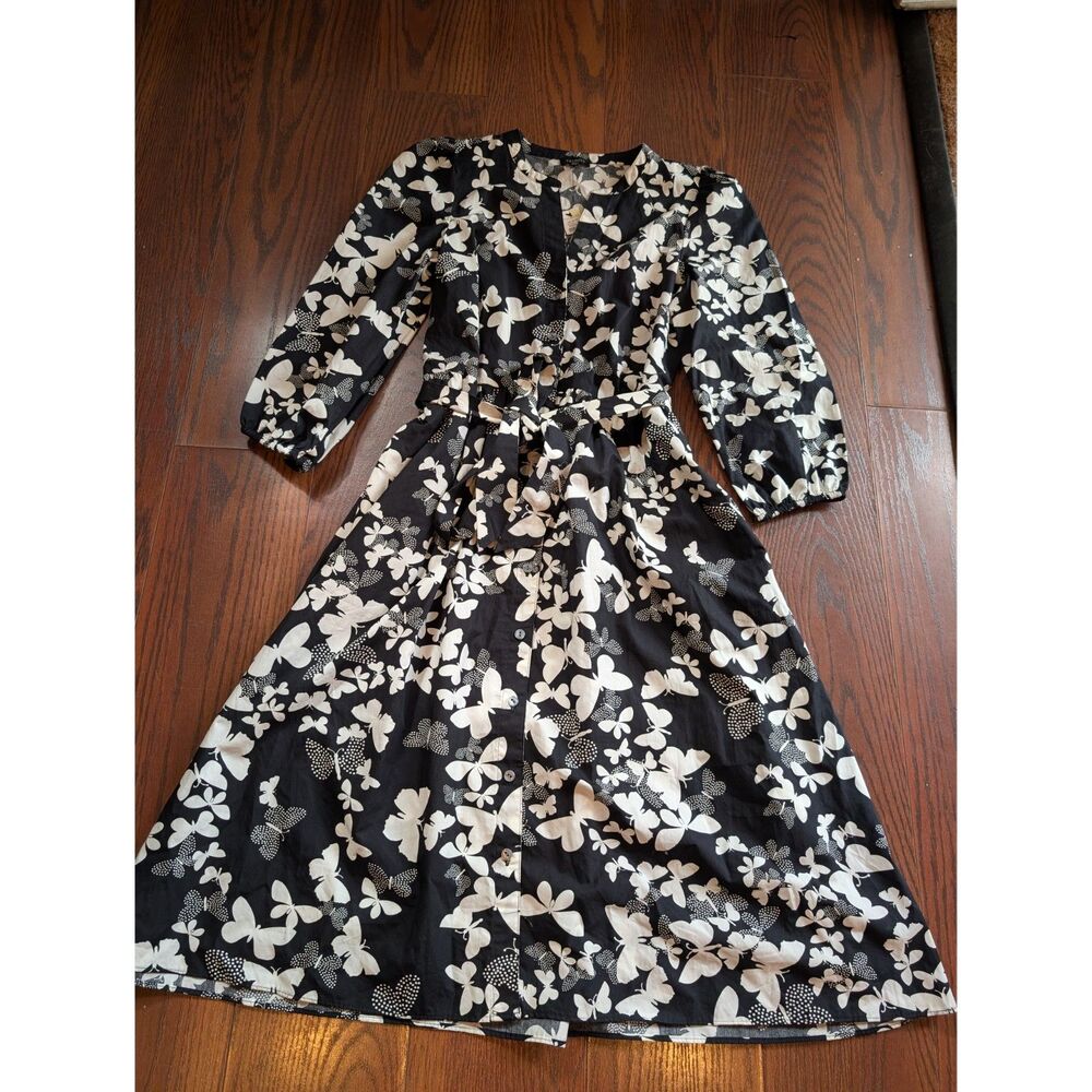Talbots NWT Black White Butterfly Button Midi Dress 2P Office Brunch Modest